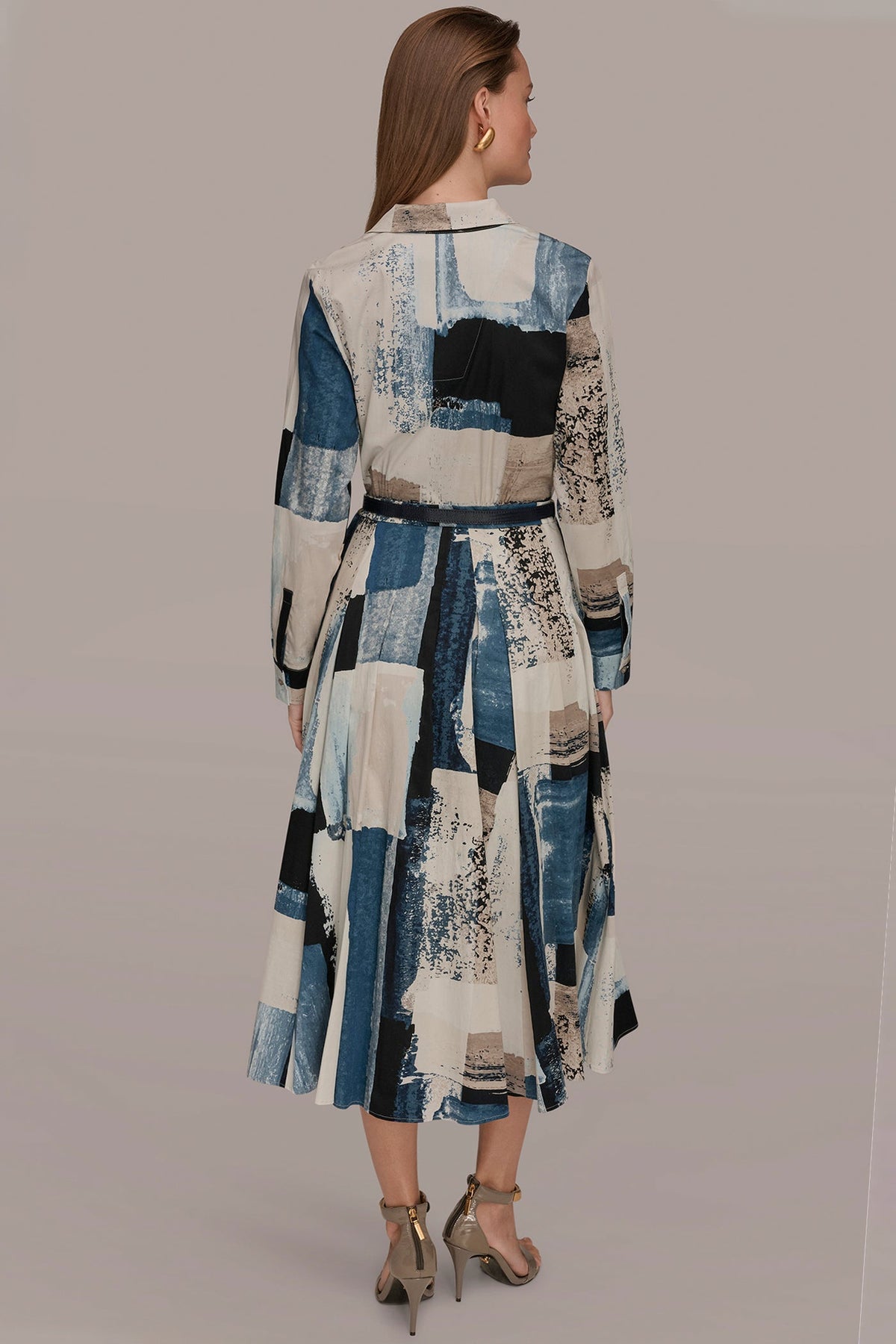 LONG SLEEVE BUTTON FRONT DRESS - Washed Indigo/Cream Multi