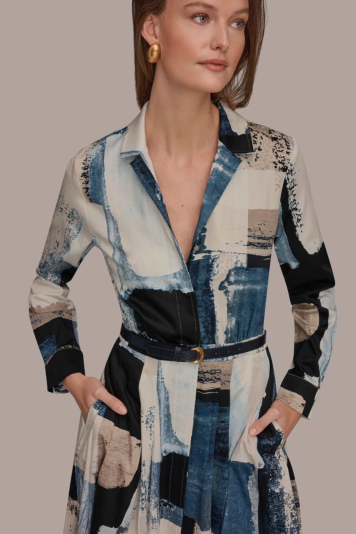LONG SLEEVE BUTTON FRONT DRESS - Washed Indigo/Cream Multi