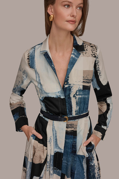 LONG SLEEVE BUTTON FRONT DRESS - Washed Indigo/Cream Multi