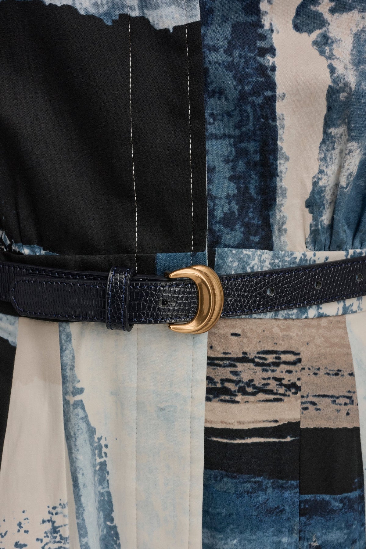LONG SLEEVE BUTTON FRONT DRESS - Washed Indigo/Cream Multi
