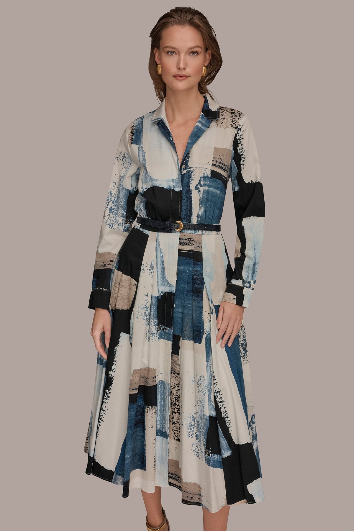LONG SLEEVE BUTTON FRONT DRESS - Washed Indigo/Cream Multi