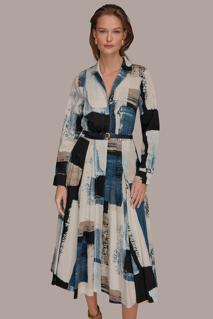 LONG SLEEVE BUTTON FRONT DRESS - Washed Indigo/Cream Multi