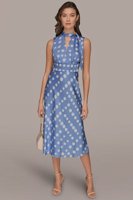 SATIN POLKA-DOT TIE-NECK MIDI DRESS - CIELO/CREAM