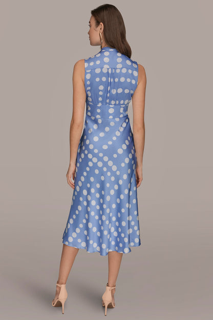 SATIN POLKA-DOT TIE-NECK MIDI DRESS - CIELO/CREAM
