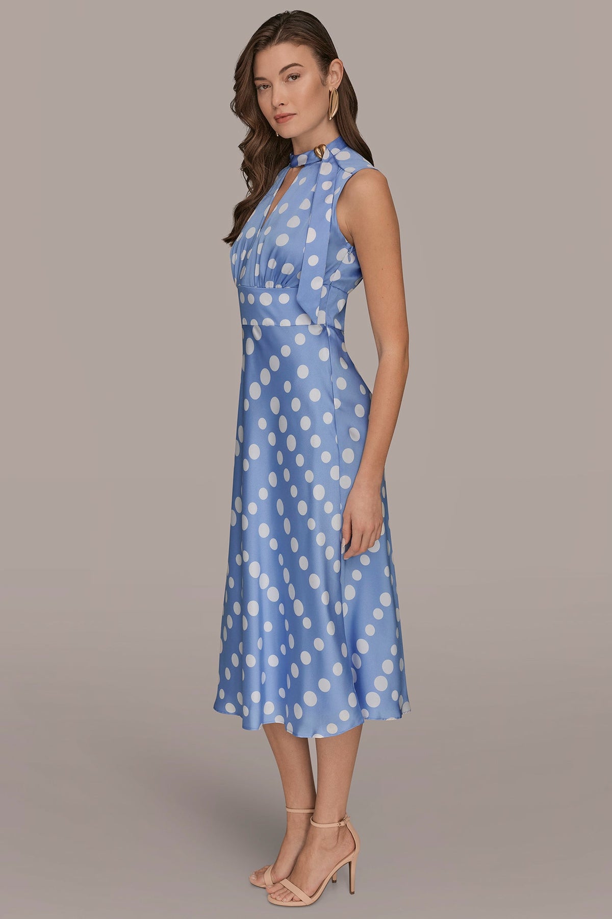SATIN POLKA-DOT TIE-NECK MIDI DRESS - CIELO/CREAM