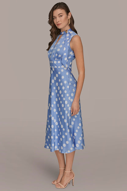 SATIN POLKA-DOT TIE-NECK MIDI DRESS - CIELO/CREAM