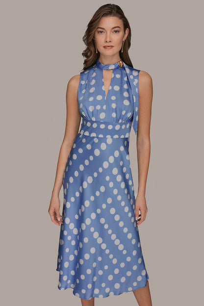 SATIN POLKA-DOT TIE-NECK MIDI DRESS - CIELO/CREAM