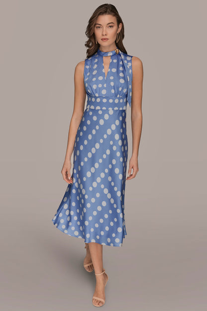 SATIN POLKA-DOT TIE-NECK MIDI DRESS - CIELO/CREAM