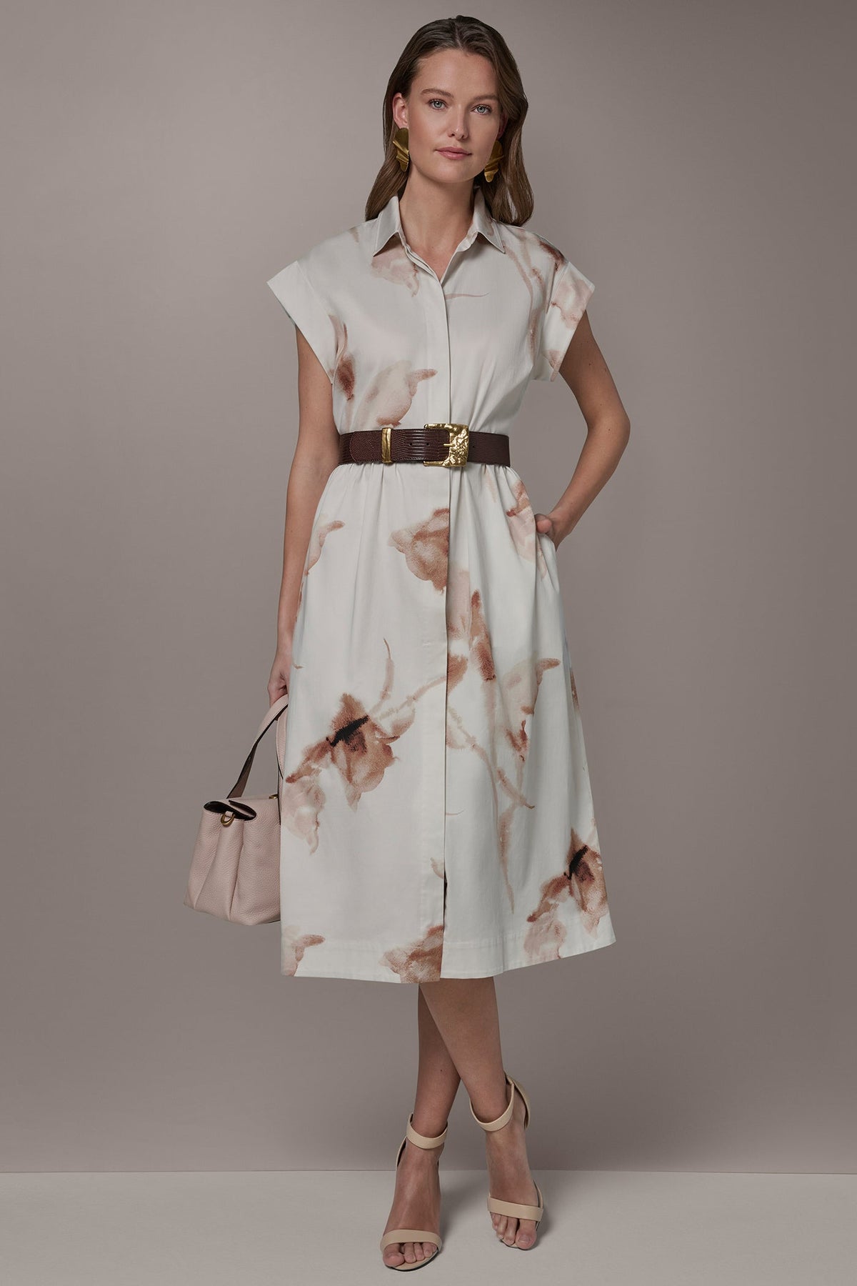 COTTON-SATEEN FLORAL MIDI SHIRT DRESS - LIGHT TUSCAN GREY MULTI