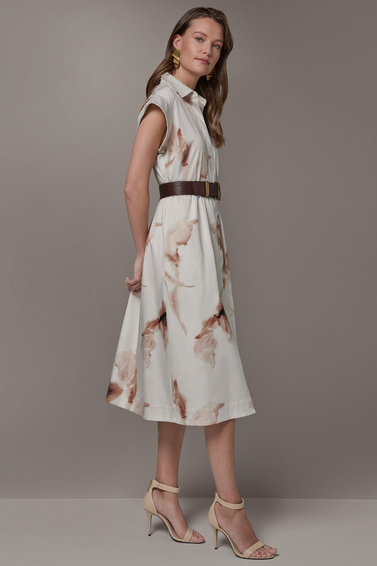 COTTON-SATEEN FLORAL MIDI SHIRT DRESS - LIGHT TUSCAN GREY MULTI