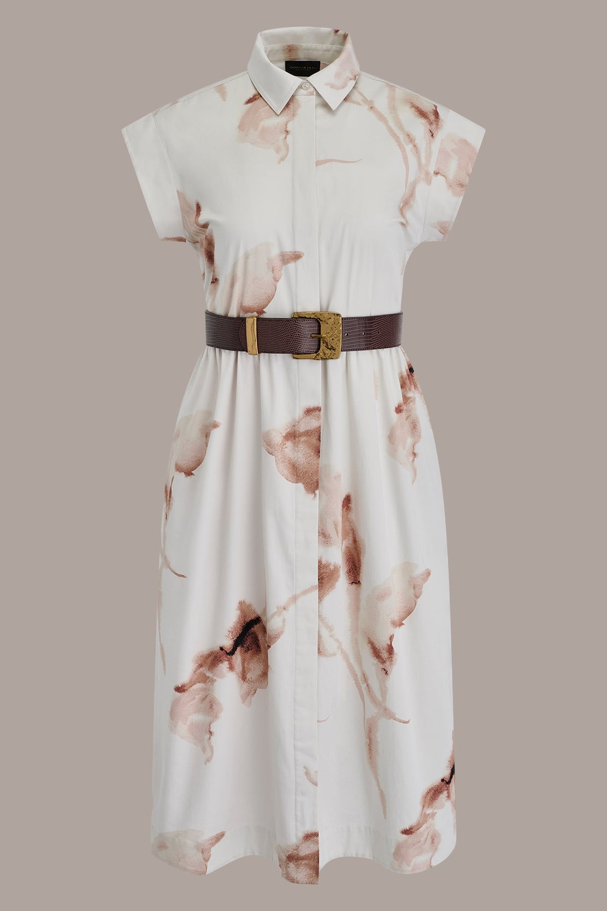 COTTON-SATEEN FLORAL MIDI SHIRT DRESS - LIGHT TUSCAN GREY MULTI