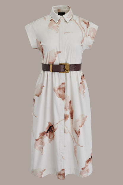 COTTON-SATEEN FLORAL MIDI SHIRT DRESS - LIGHT TUSCAN GREY MULTI