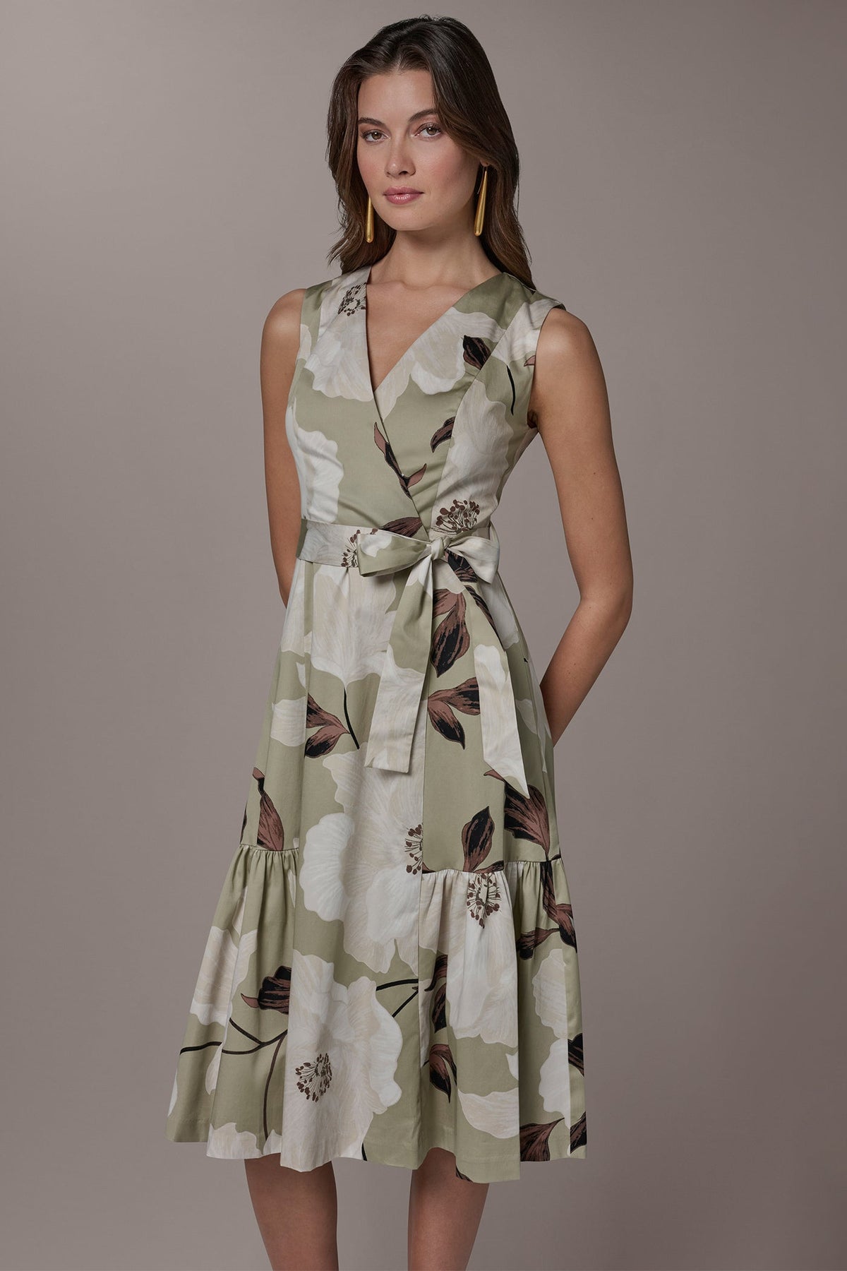 COTTON-SATEEN WRAP MIDI A-LINE DRESS - Agave Multi