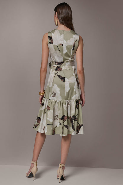 COTTON-SATEEN WRAP MIDI A-LINE DRESS - Agave Multi