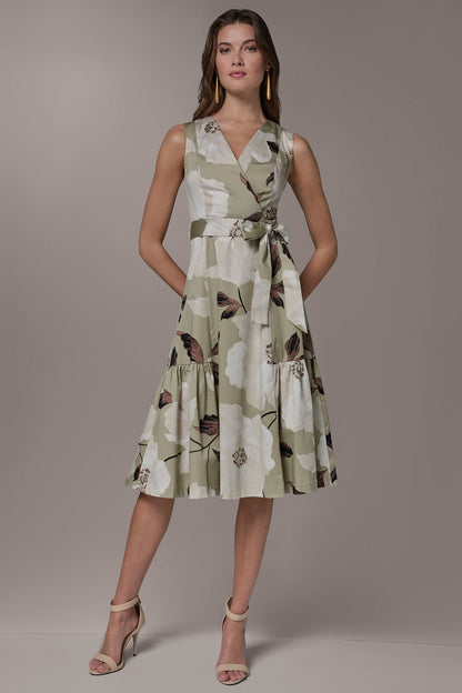 COTTON-SATEEN WRAP MIDI A-LINE DRESS - Agave Multi