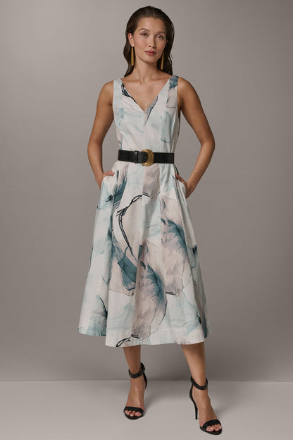 STRETCH-COTTON PRINTED MIDI FIT AND FLARE DRESS - Skylight Multi