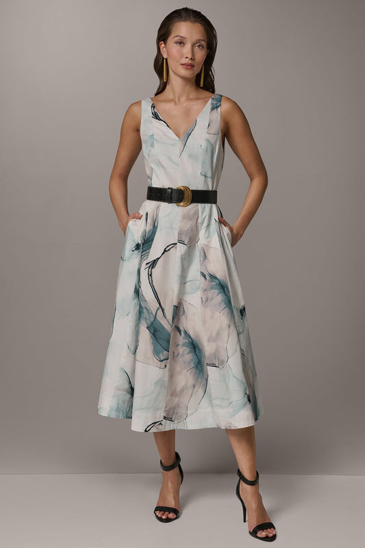STRETCH-COTTON PRINTED MIDI FIT AND FLARE DRESS - Skylight Multi