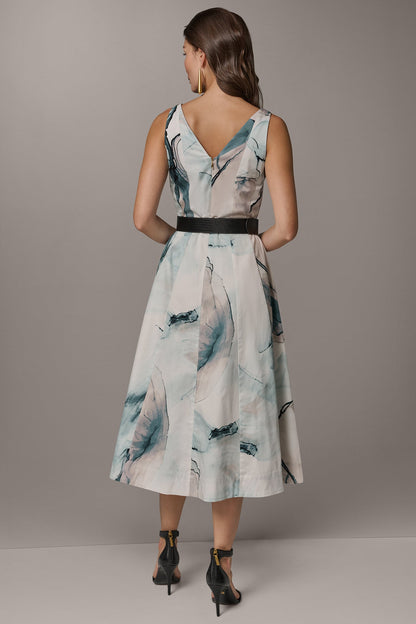 STRETCH-COTTON PRINTED MIDI FIT AND FLARE DRESS - Skylight Multi