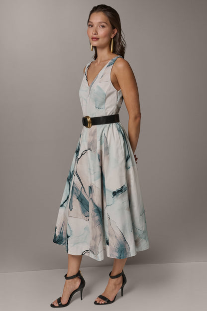 STRETCH-COTTON PRINTED MIDI FIT AND FLARE DRESS - Skylight Multi
