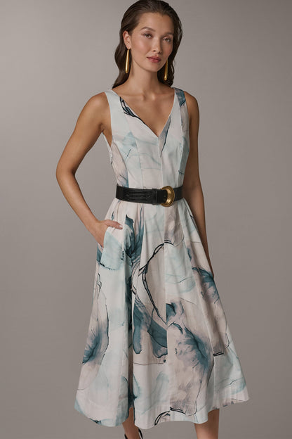 STRETCH-COTTON PRINTED MIDI FIT AND FLARE DRESS - Skylight Multi