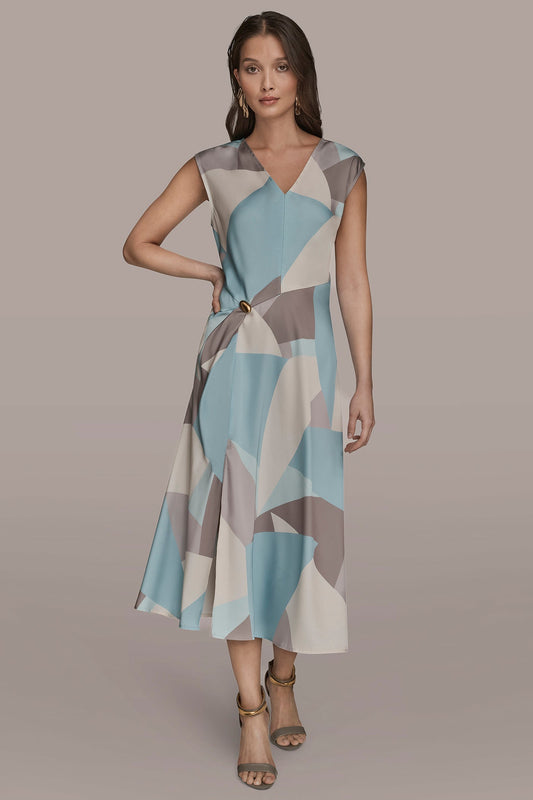 CAP SLEEVE V-NECK PRINTED MIDI DRESS - Mist Multi