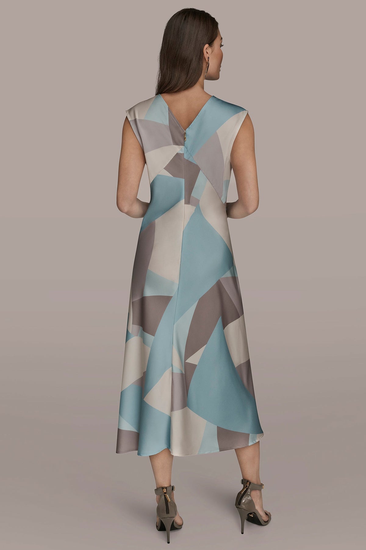 CAP SLEEVE V-NECK PRINTED MIDI DRESS - Mist Multi