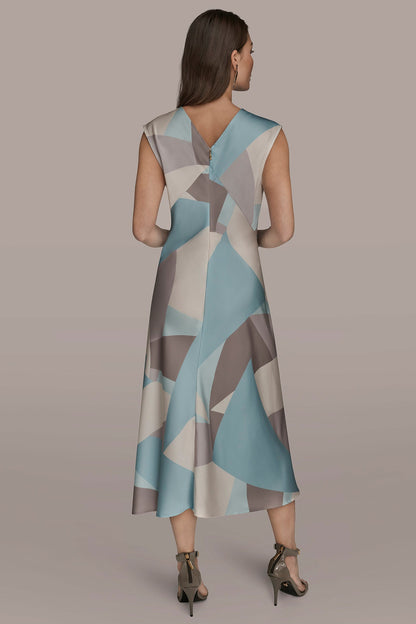 CAP SLEEVE V-NECK PRINTED MIDI DRESS - Mist Multi