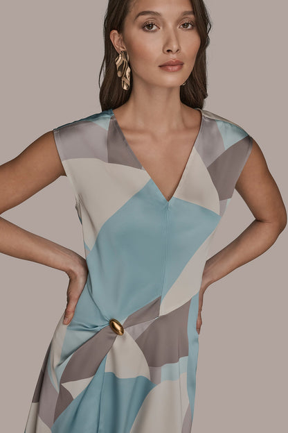 CAP SLEEVE V-NECK PRINTED MIDI DRESS - Mist Multi