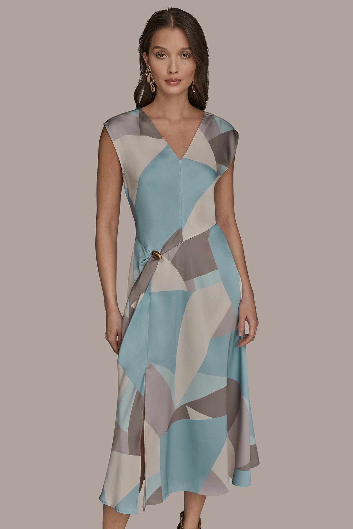 CAP SLEEVE V-NECK PRINTED MIDI DRESS - Mist Multi