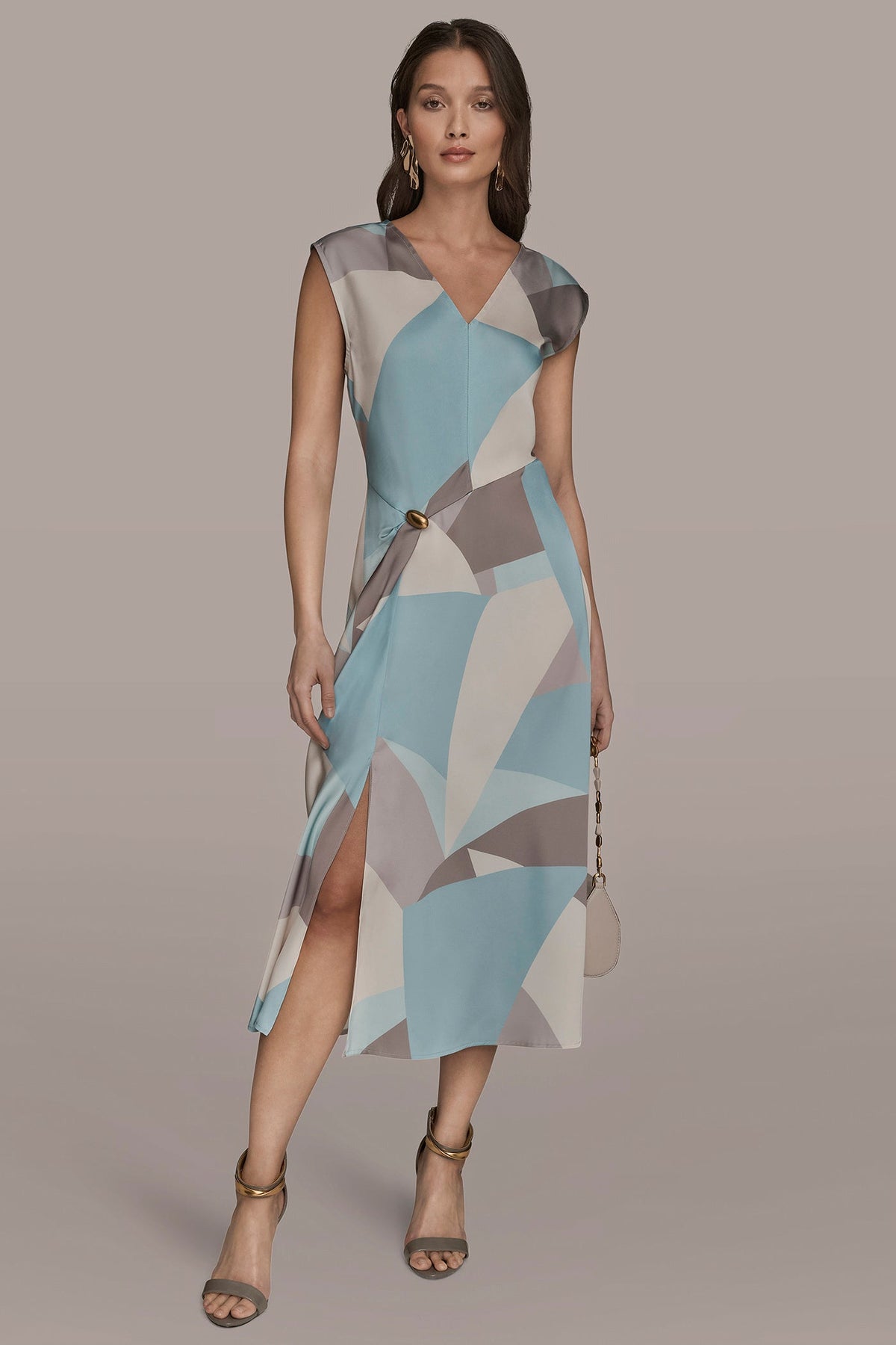 CAP SLEEVE V-NECK PRINTED MIDI DRESS - Mist Multi