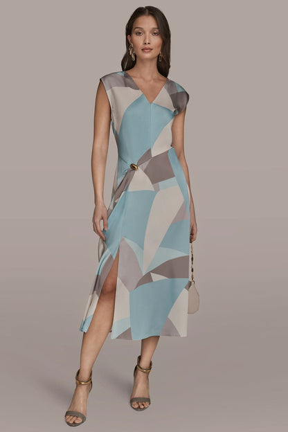 CAP SLEEVE V-NECK PRINTED MIDI DRESS - Mist Multi