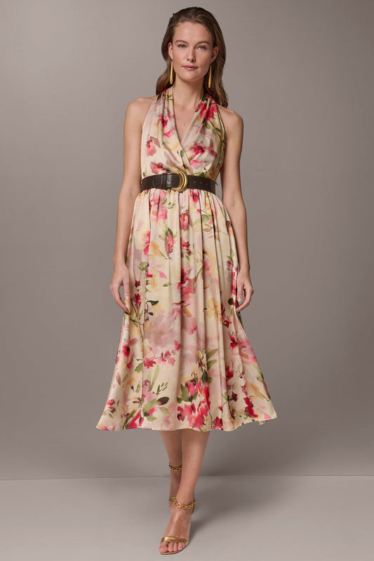 CHARMEUSE FLORAL WRAP-EFFECT MIDI HALTER DRESS - Eggshell Multi