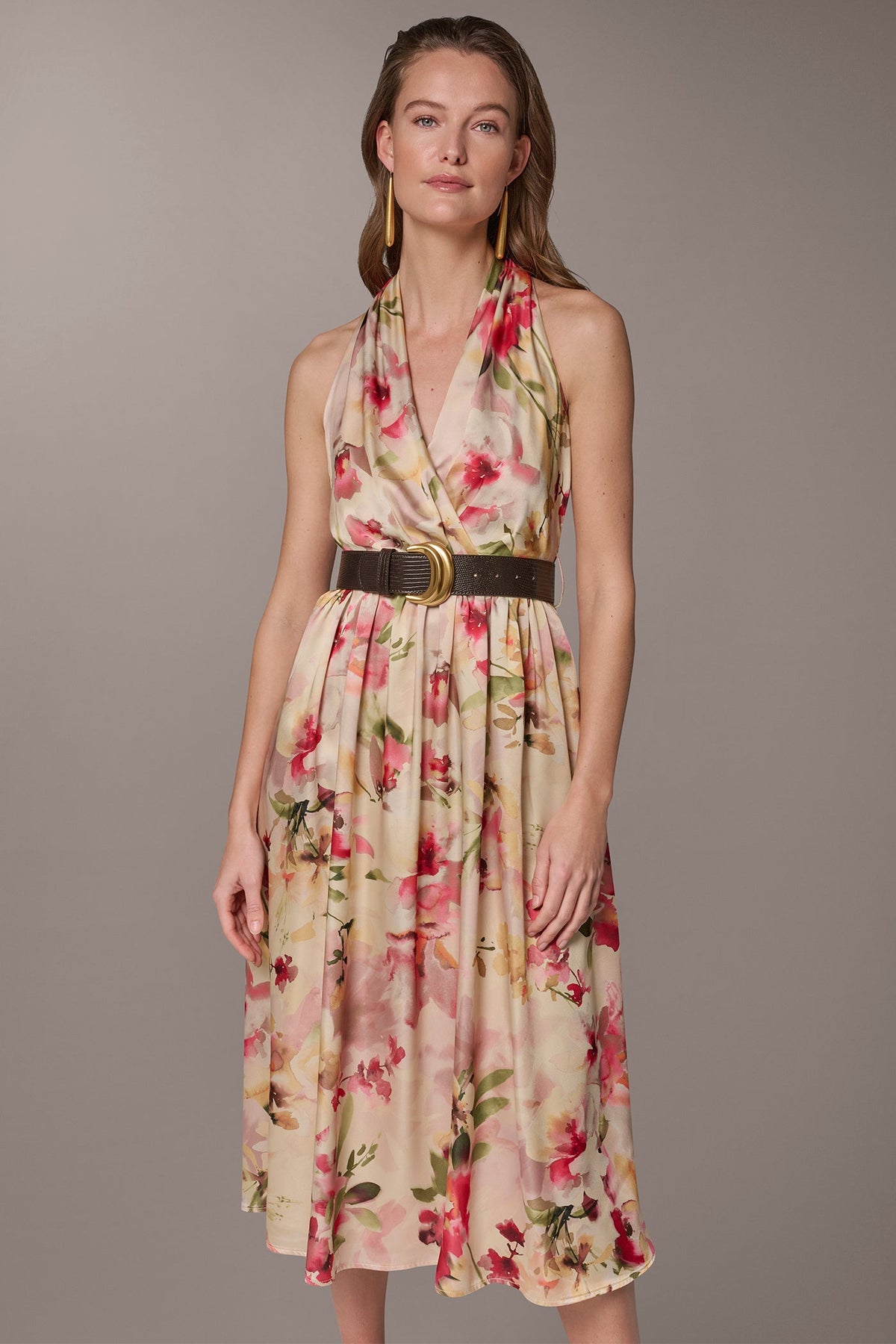 CHARMEUSE FLORAL WRAP-EFFECT MIDI HALTER DRESS - Eggshell Multi