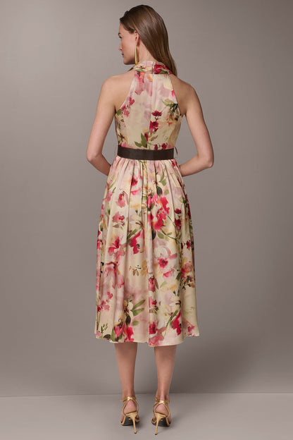 CHARMEUSE FLORAL WRAP-EFFECT MIDI HALTER DRESS - Eggshell Multi