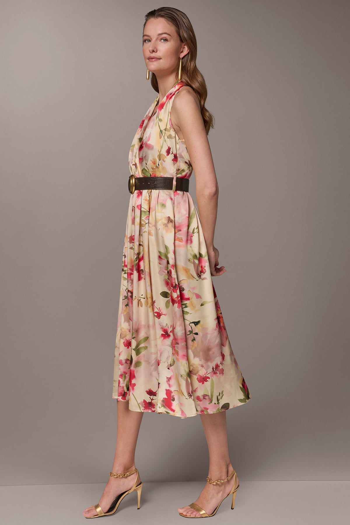 CHARMEUSE FLORAL WRAP-EFFECT MIDI HALTER DRESS - Eggshell Multi