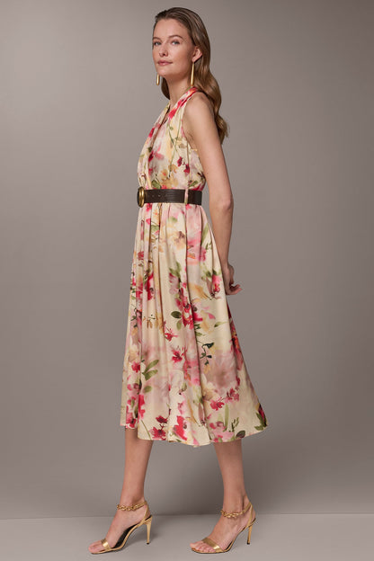 CHARMEUSE FLORAL WRAP-EFFECT MIDI HALTER DRESS - Eggshell Multi