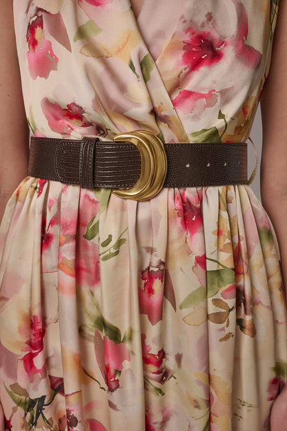 CHARMEUSE FLORAL WRAP-EFFECT MIDI HALTER DRESS - Eggshell Multi