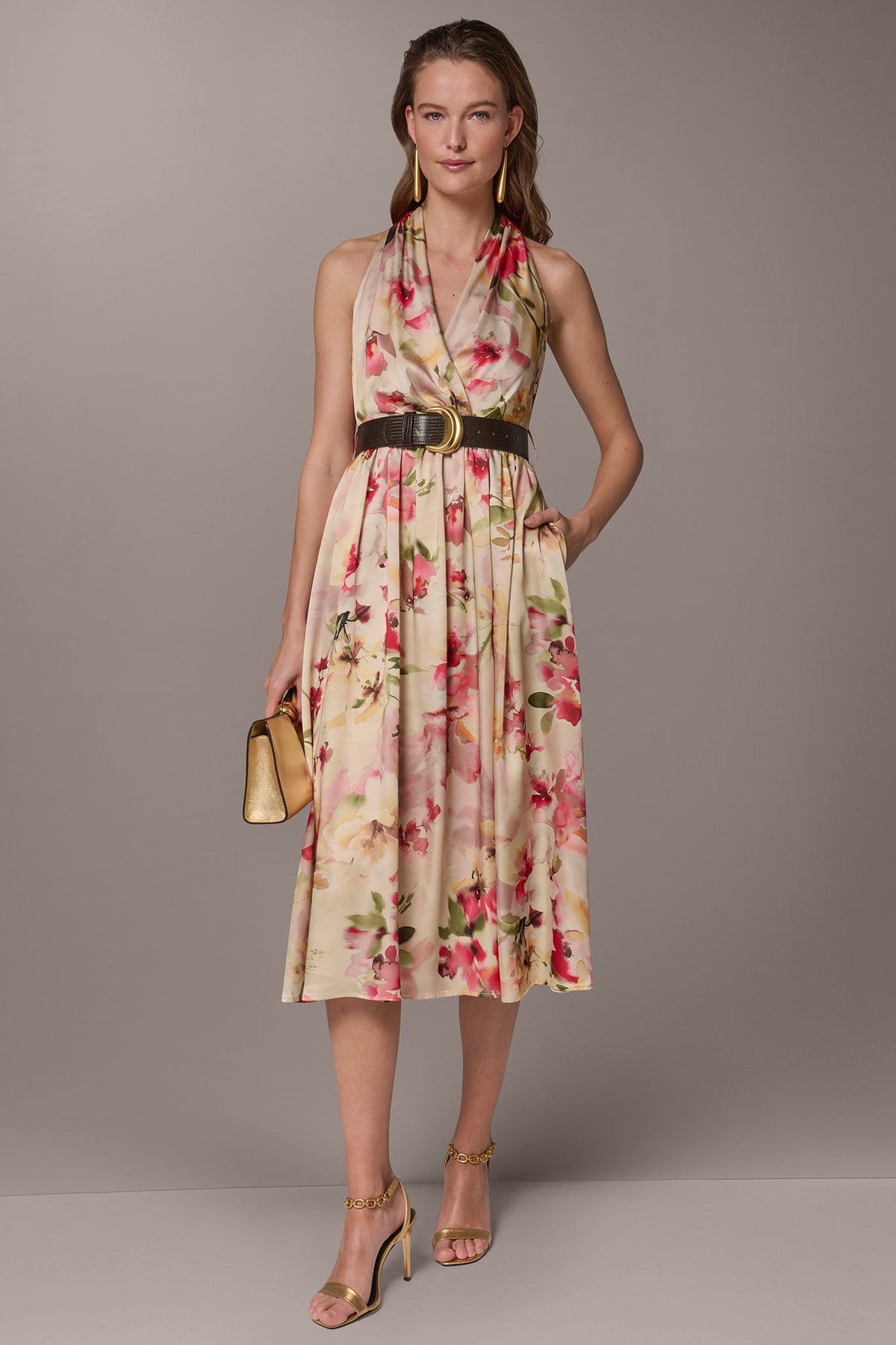 CHARMEUSE FLORAL WRAP-EFFECT MIDI HALTER DRESS - Eggshell Multi