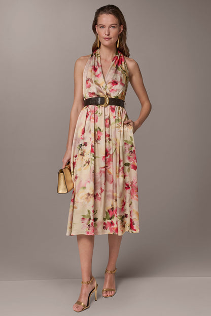 CHARMEUSE FLORAL WRAP-EFFECT MIDI HALTER DRESS - Eggshell Multi