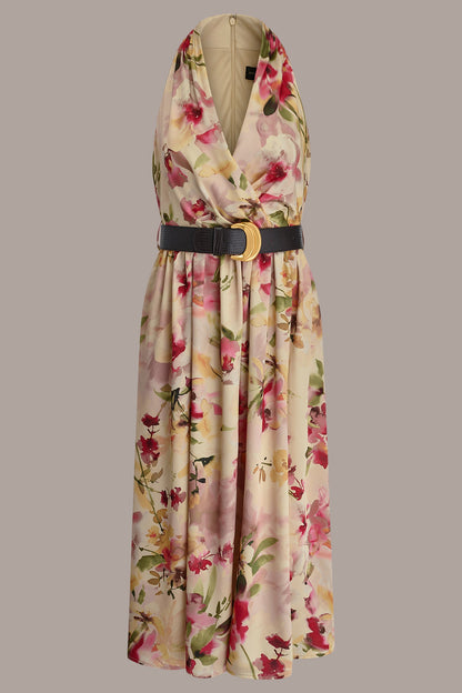 CHARMEUSE FLORAL WRAP-EFFECT MIDI HALTER DRESS - Eggshell Multi