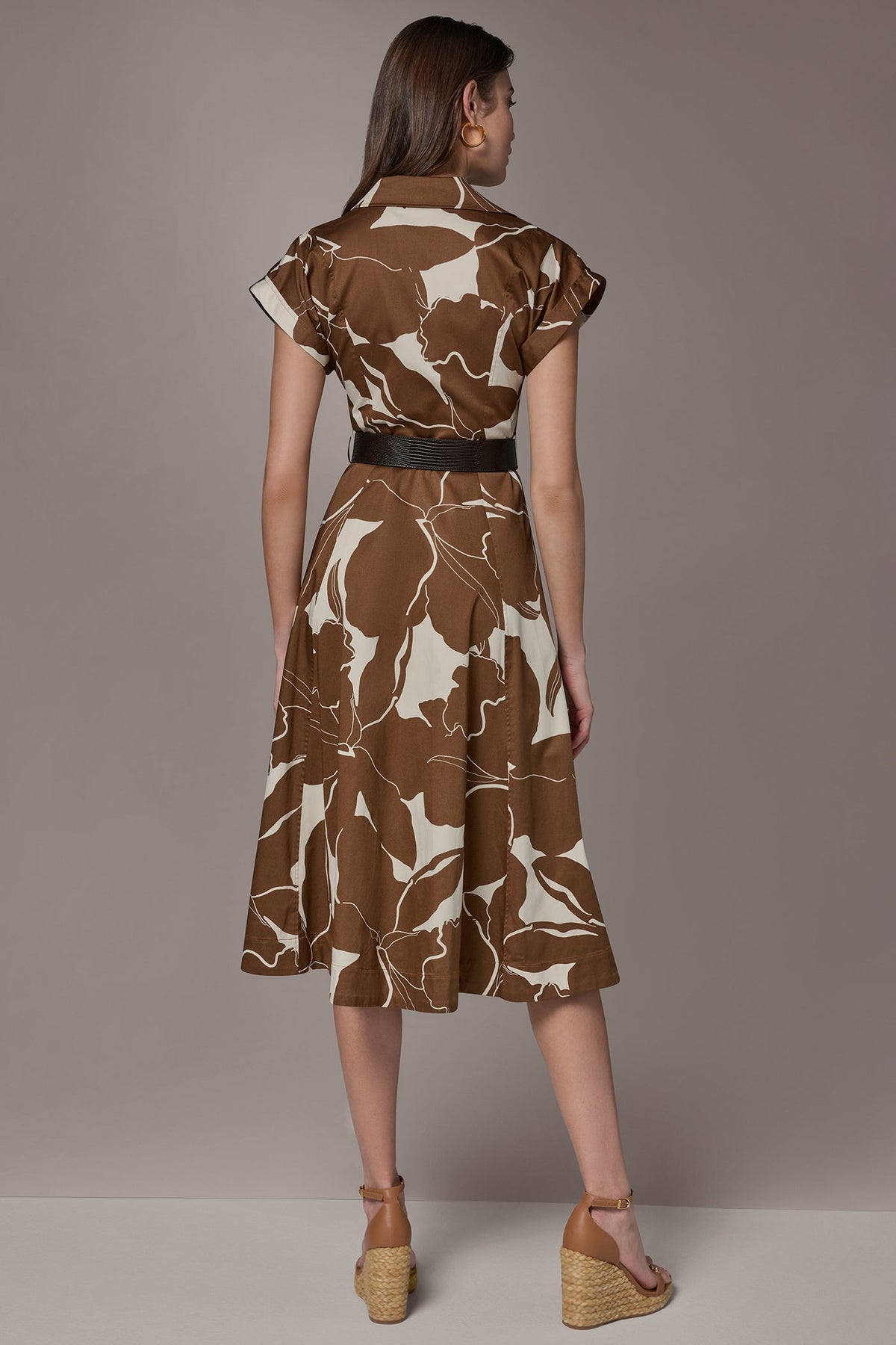 COTTON-SATEEN FLORAL MIDI SHIRT DRESS - Cognac/Light Canvas