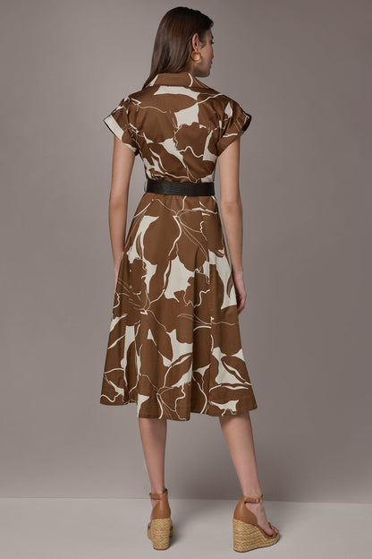 COTTON-SATEEN FLORAL MIDI SHIRT DRESS - Cognac/Light Canvas