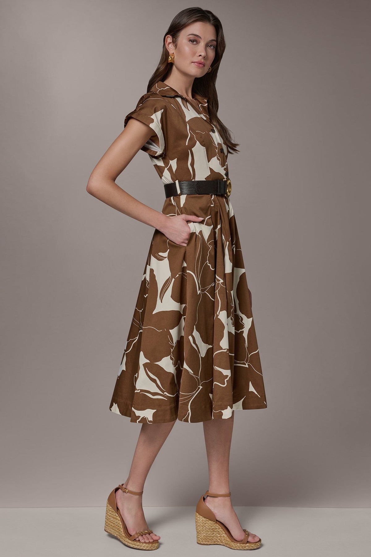 COTTON-SATEEN FLORAL MIDI SHIRT DRESS - Cognac/Light Canvas