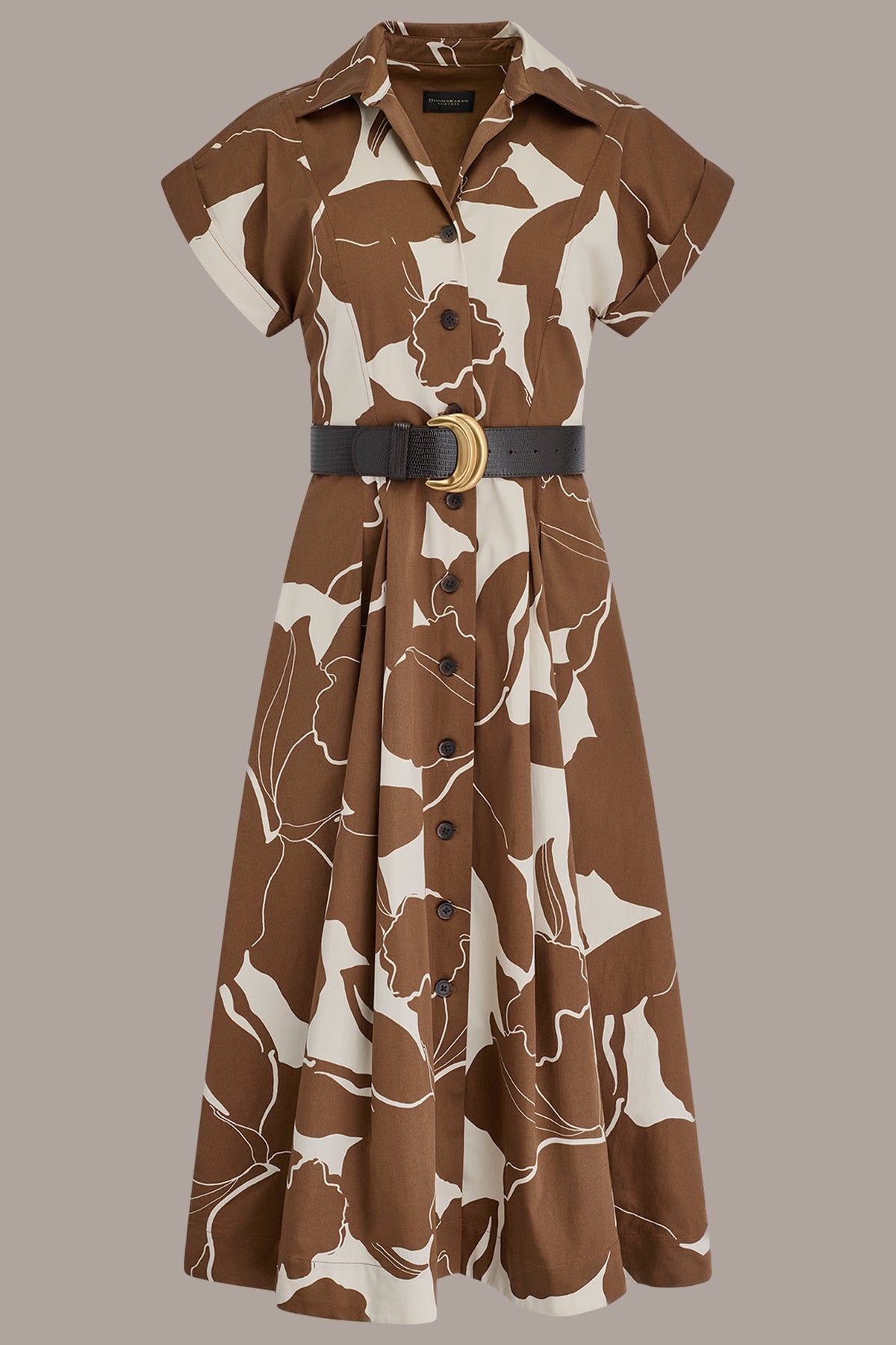 COTTON-SATEEN FLORAL MIDI SHIRT DRESS - Cognac/Light Canvas