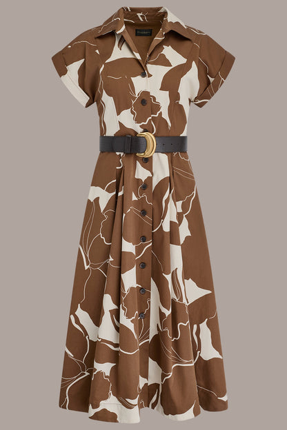 COTTON-SATEEN FLORAL MIDI SHIRT DRESS - Cognac/Light Canvas