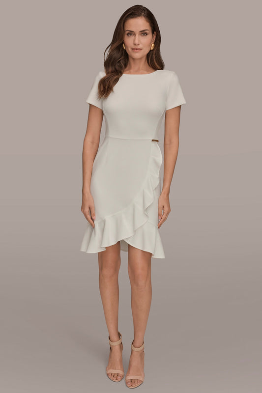 SHORT SLEEVE RUFFLE SHEATH DRESS - Cream