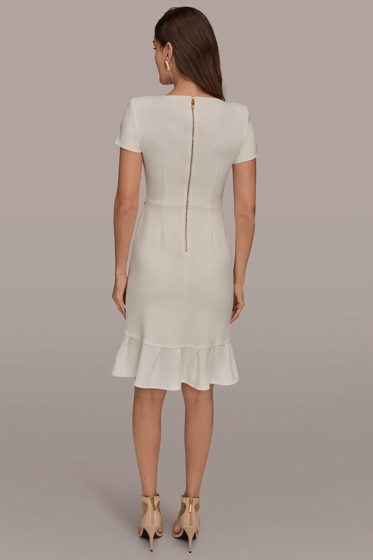 SHORT SLEEVE RUFFLE SHEATH DRESS - Cream