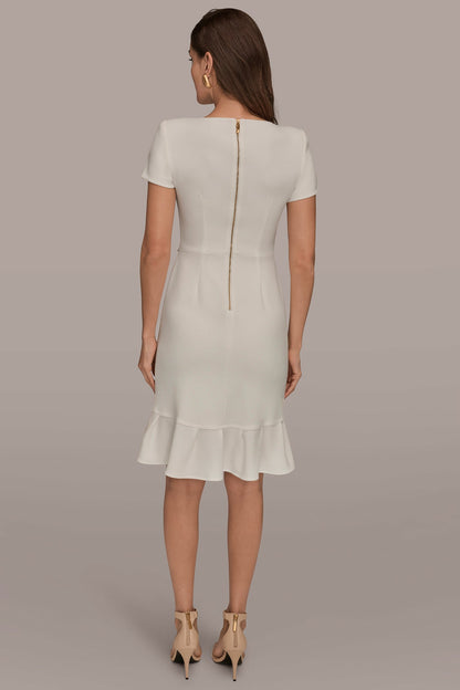SHORT SLEEVE RUFFLE SHEATH DRESS - Cream