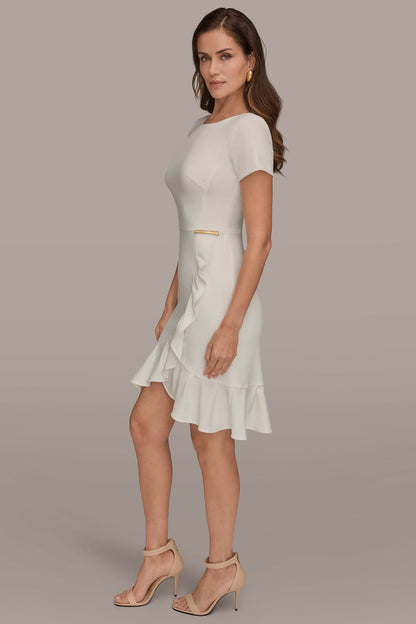 SHORT SLEEVE RUFFLE SHEATH DRESS - Cream