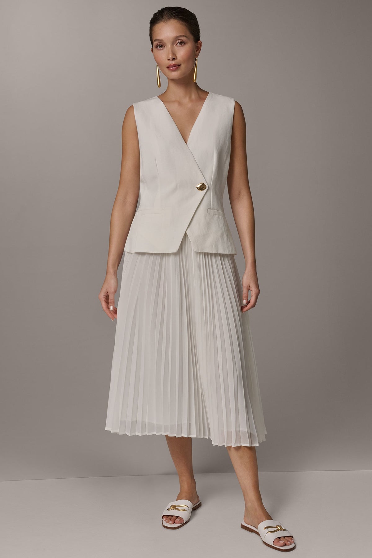 LINEN-BLEND MIXED MEDIA MIDI FIT AND FLARE DRESS - Cream